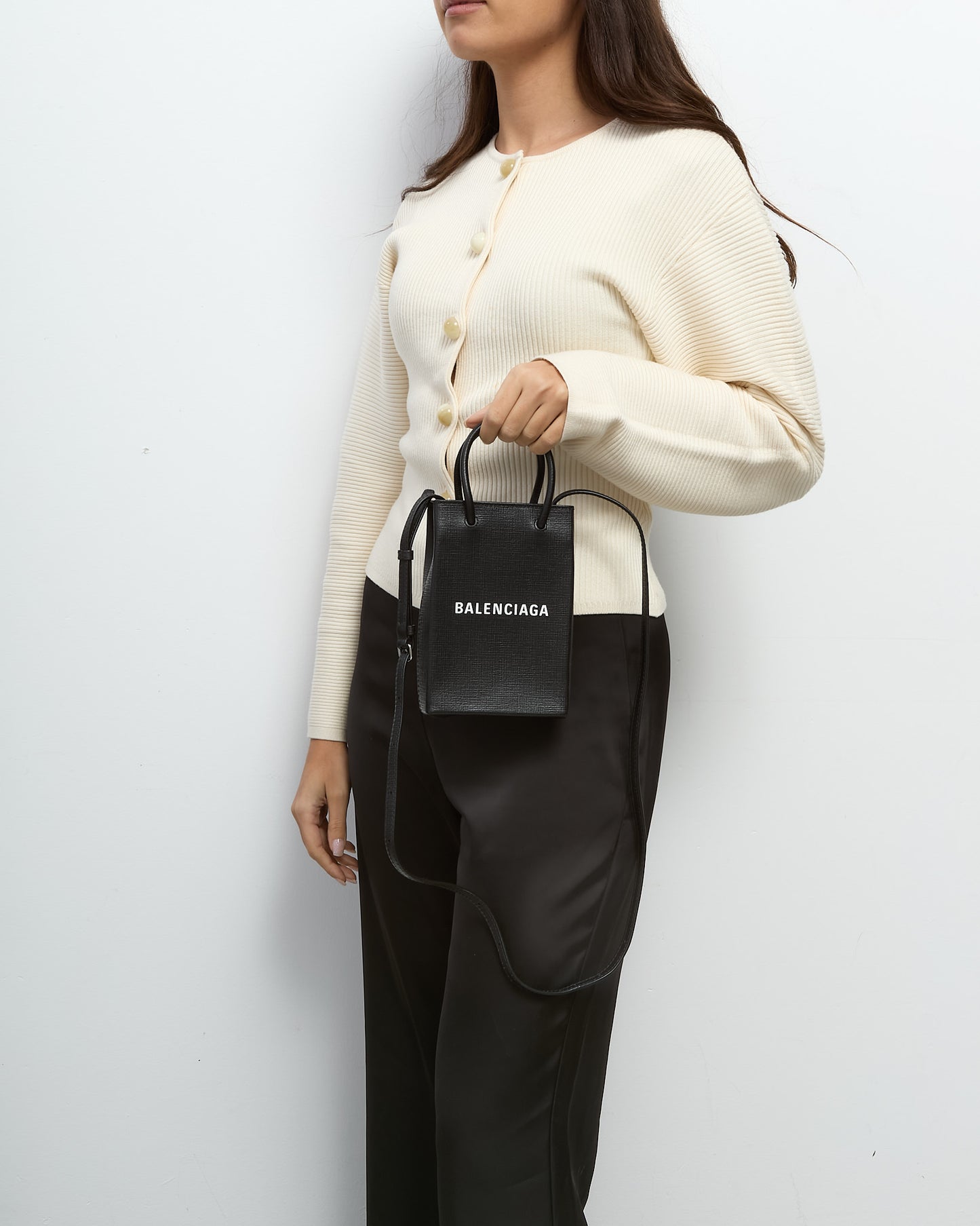 Balenciaga Black Textured Leather Logo-Print Mini Shopping Phone Case Crossbody Bag