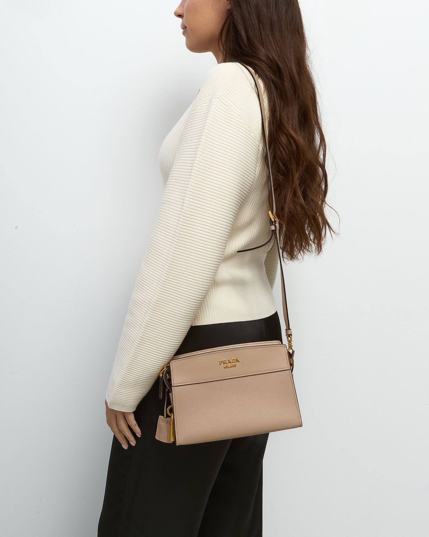 Prada Beige Cipria Saffiano and City Calf Leather Logo Bandoliera Crossbody Bag