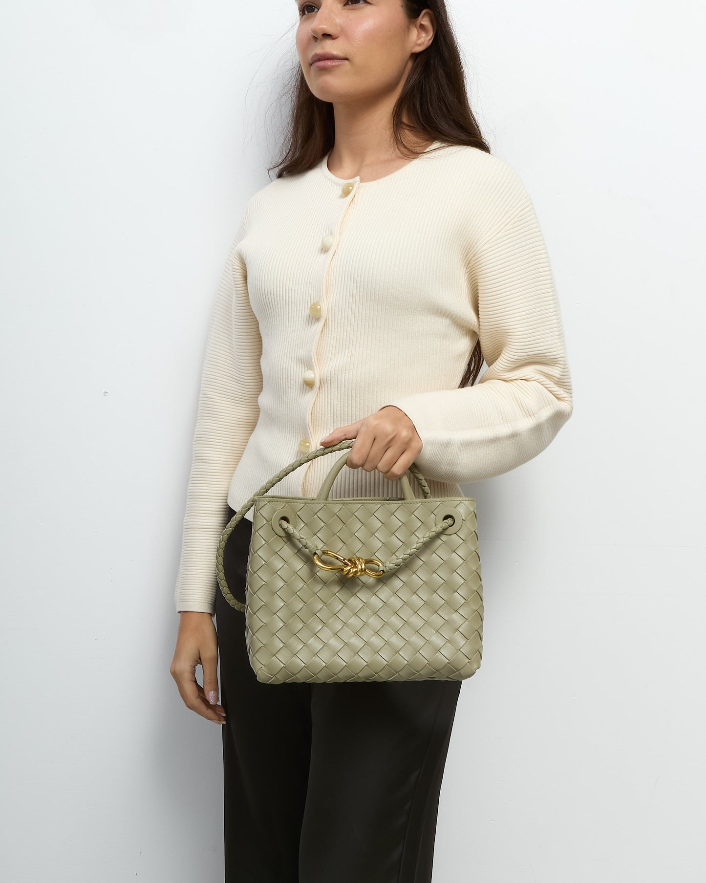 Bottega Veneta Travertine Intrecciato  Leather Small Andiamo Bag GHW
