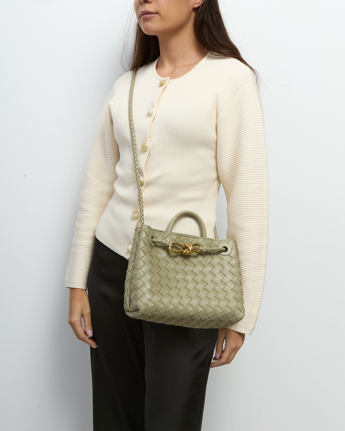 Bottega Veneta Travertine Intrecciato  Leather Small Andiamo Bag GHW