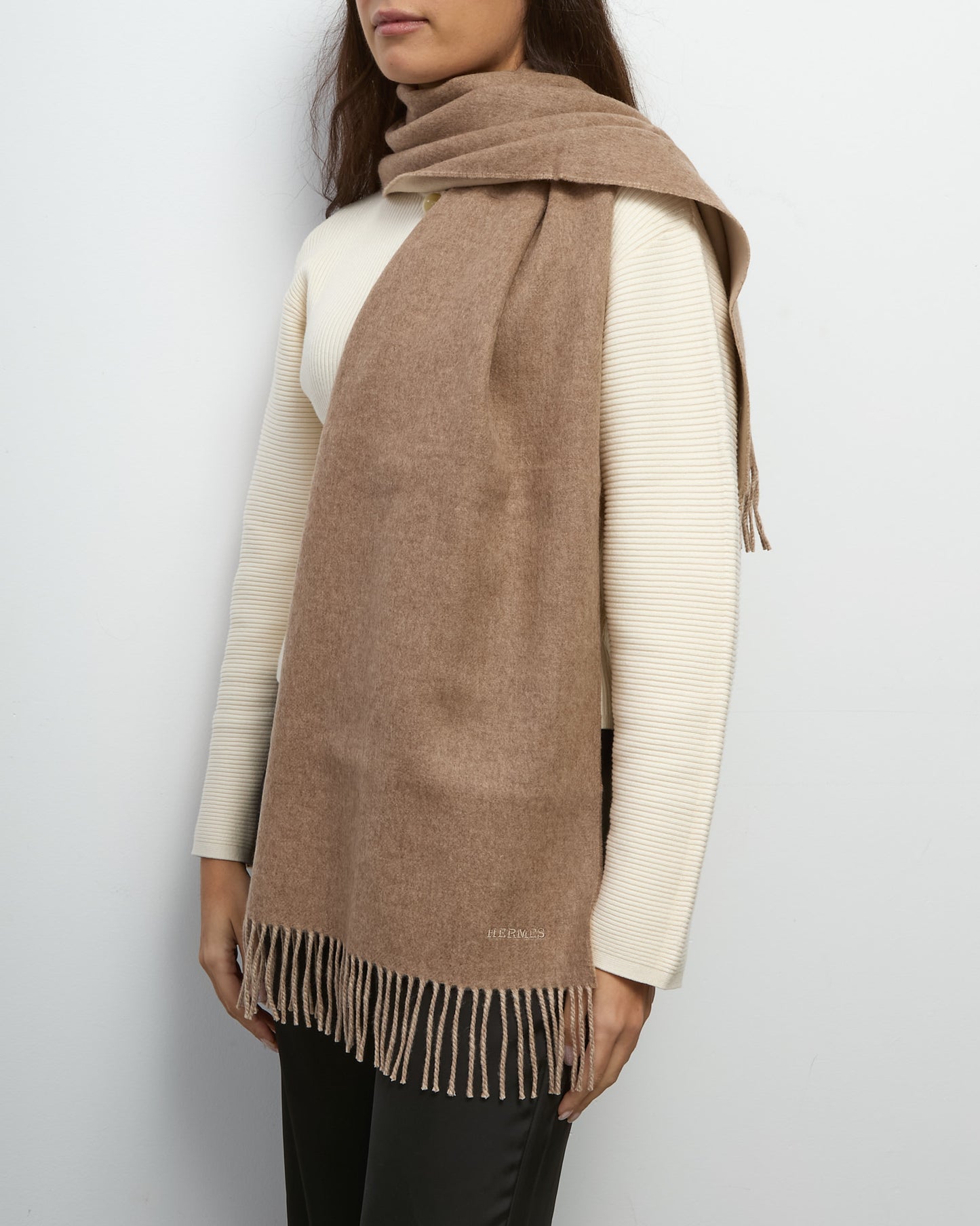 Hermès Brown Marron Glacé and Cream Craie Recto-Verso Cashmere Scarf