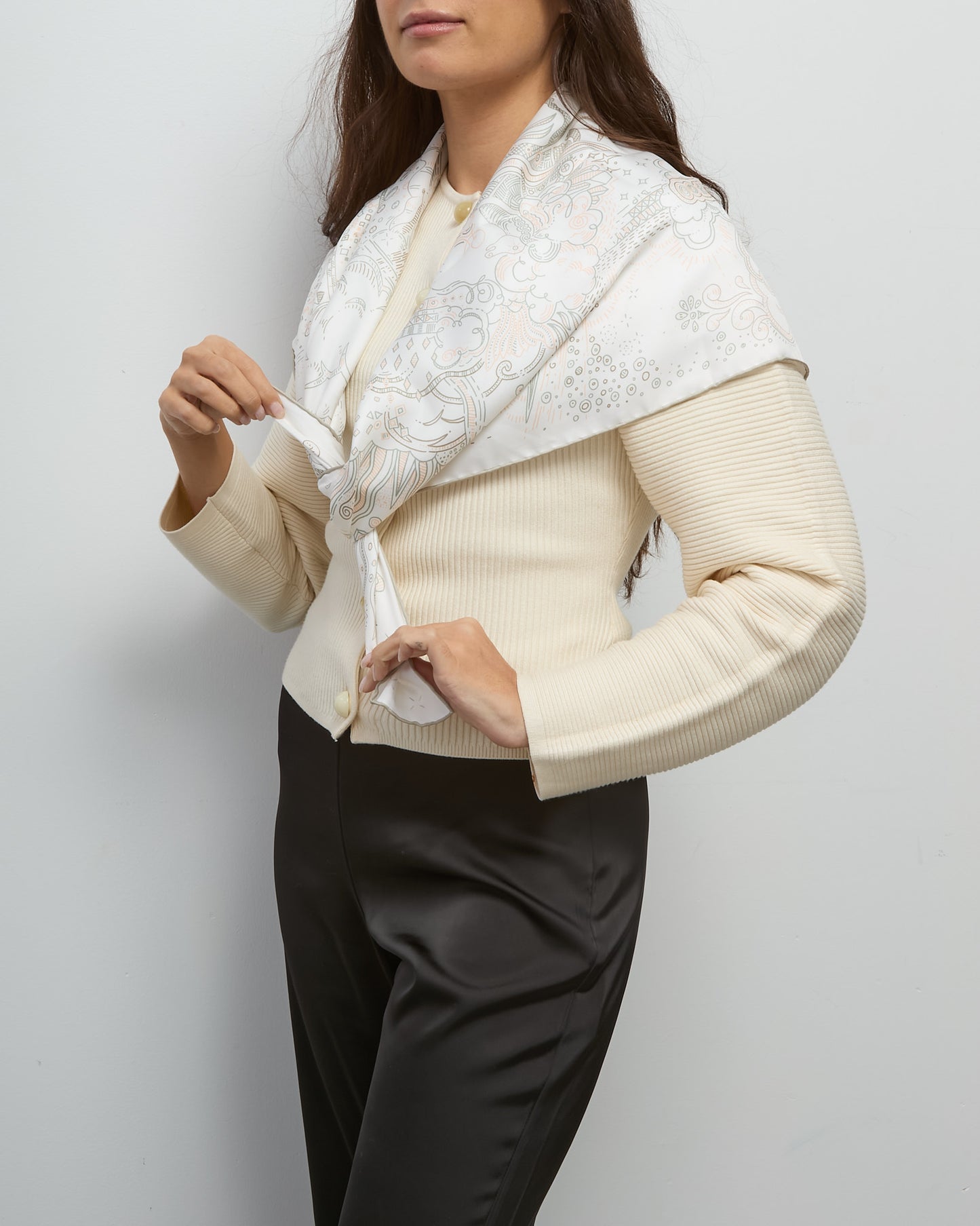 Hermès White Blanc/Rose Nacre/Green Vert-de-Gris Multi"Please Hold The Line" 90cm Silk Scarf