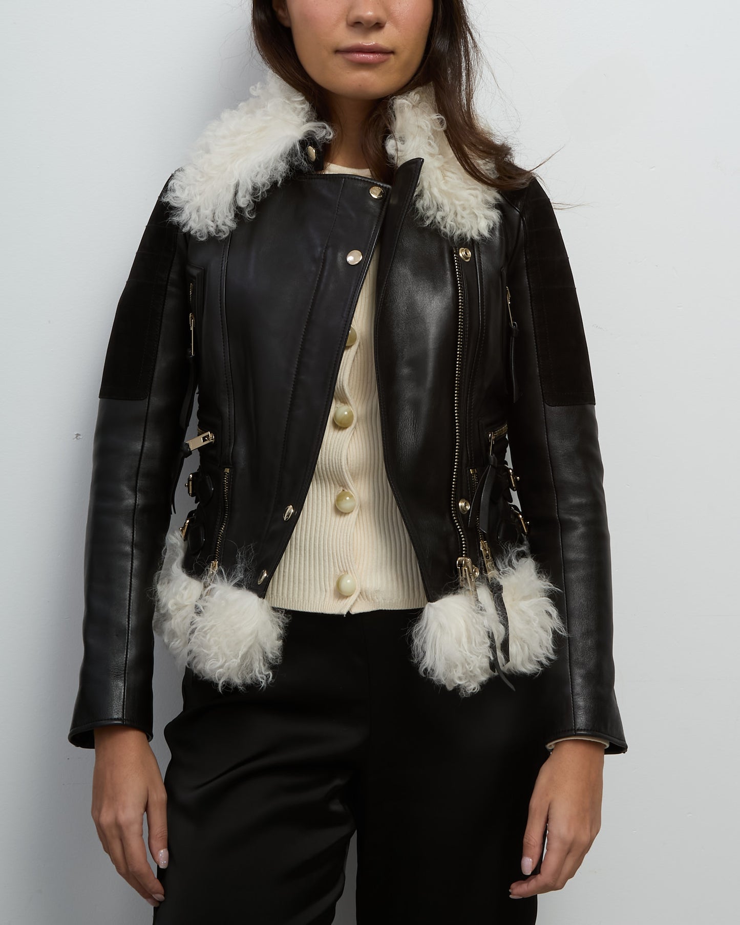 Burberry Black Leather and White Shearling Fur Moto Biker Jacket - 34 IT/ XS