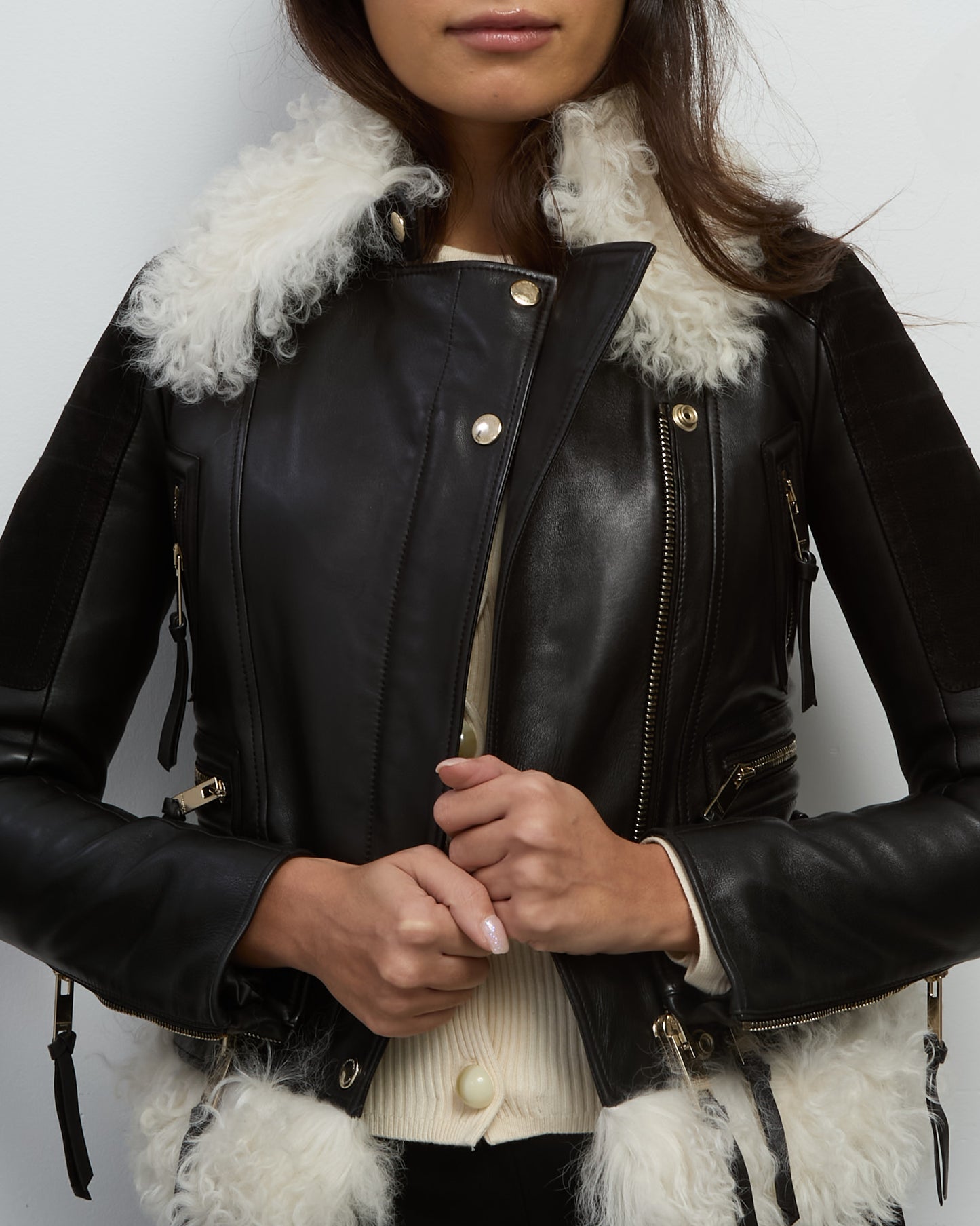 Burberry Black Leather and White Shearling Fur Moto Biker Jacket - 34 IT/ XS