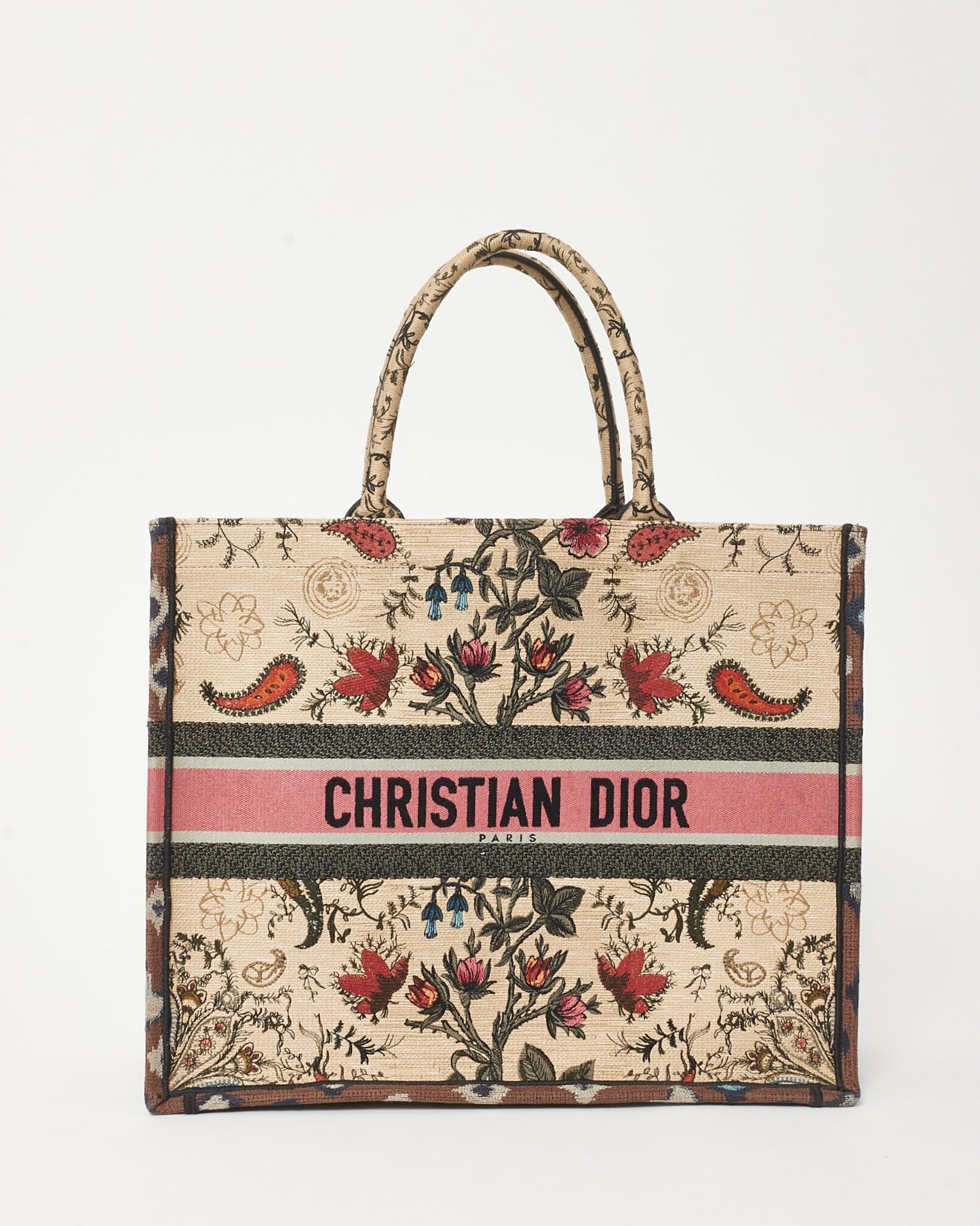 Dior Beige & Multi Broderie Flowers Embroidered Canvas Large Book Tote