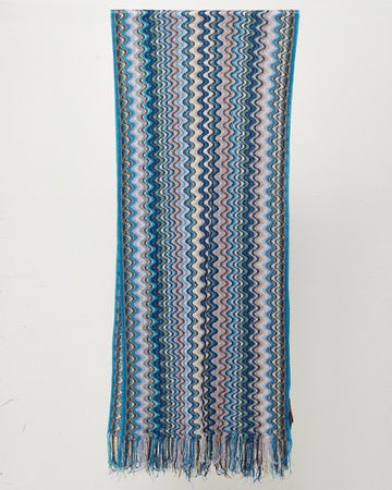 Missoni Blue/Purple/Brown/Silver Sparkle Multi Viscose and Poly Knit Zigzag Fringe Scarf