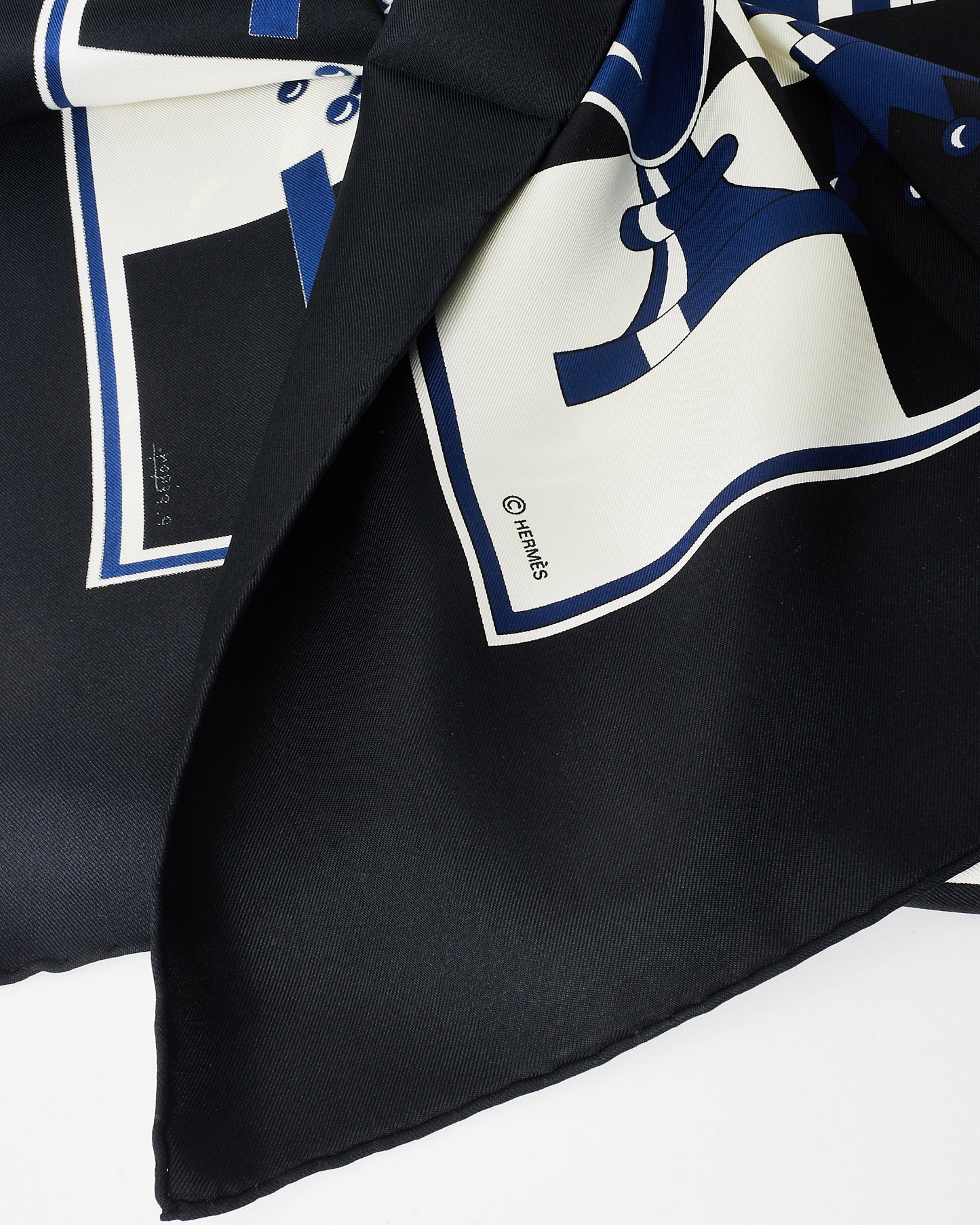 Hermès Black Blue & White Chess Silk Scarf