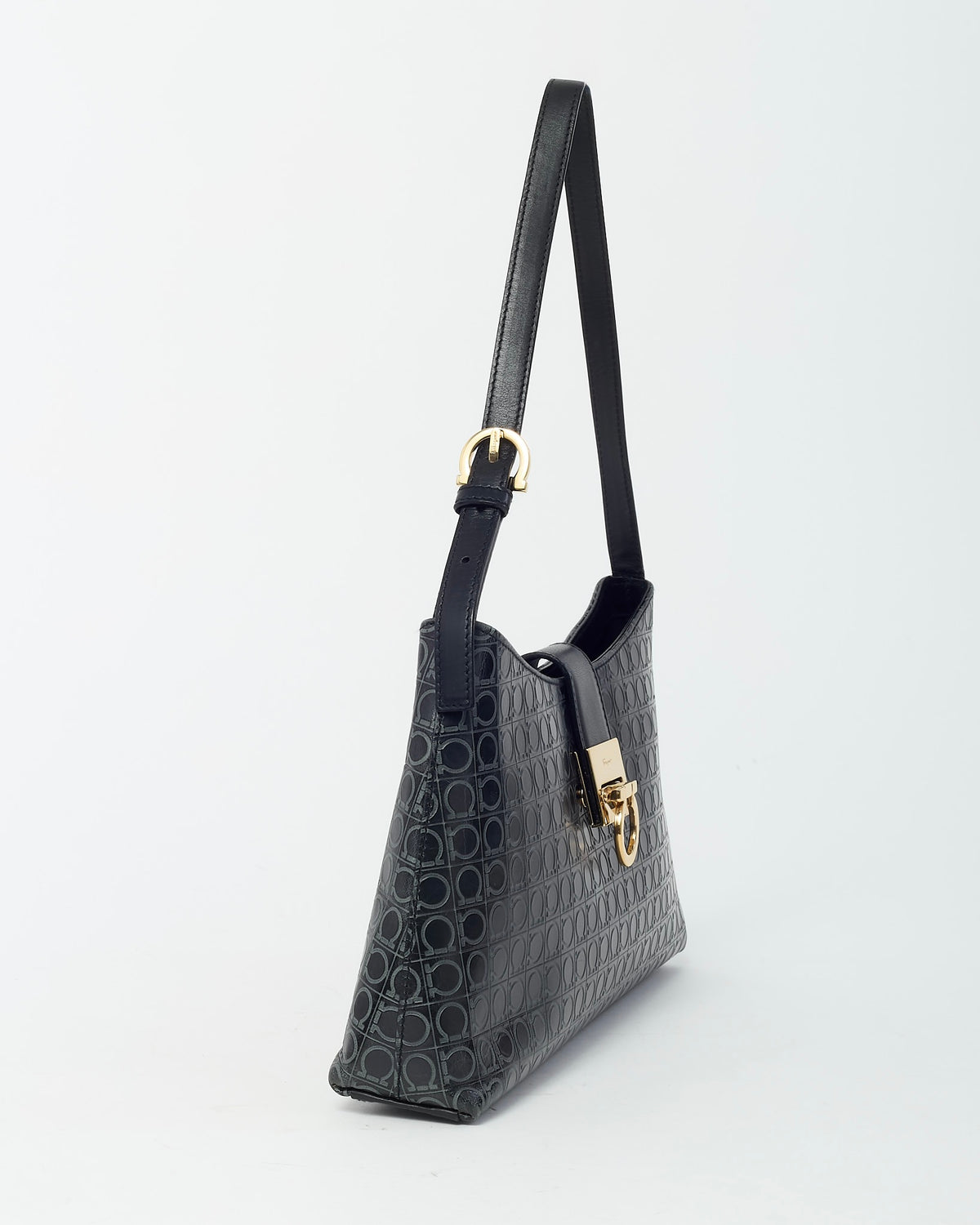 Salvatore Ferragamo Black Gancini Embossed Leather Shoulder Bag