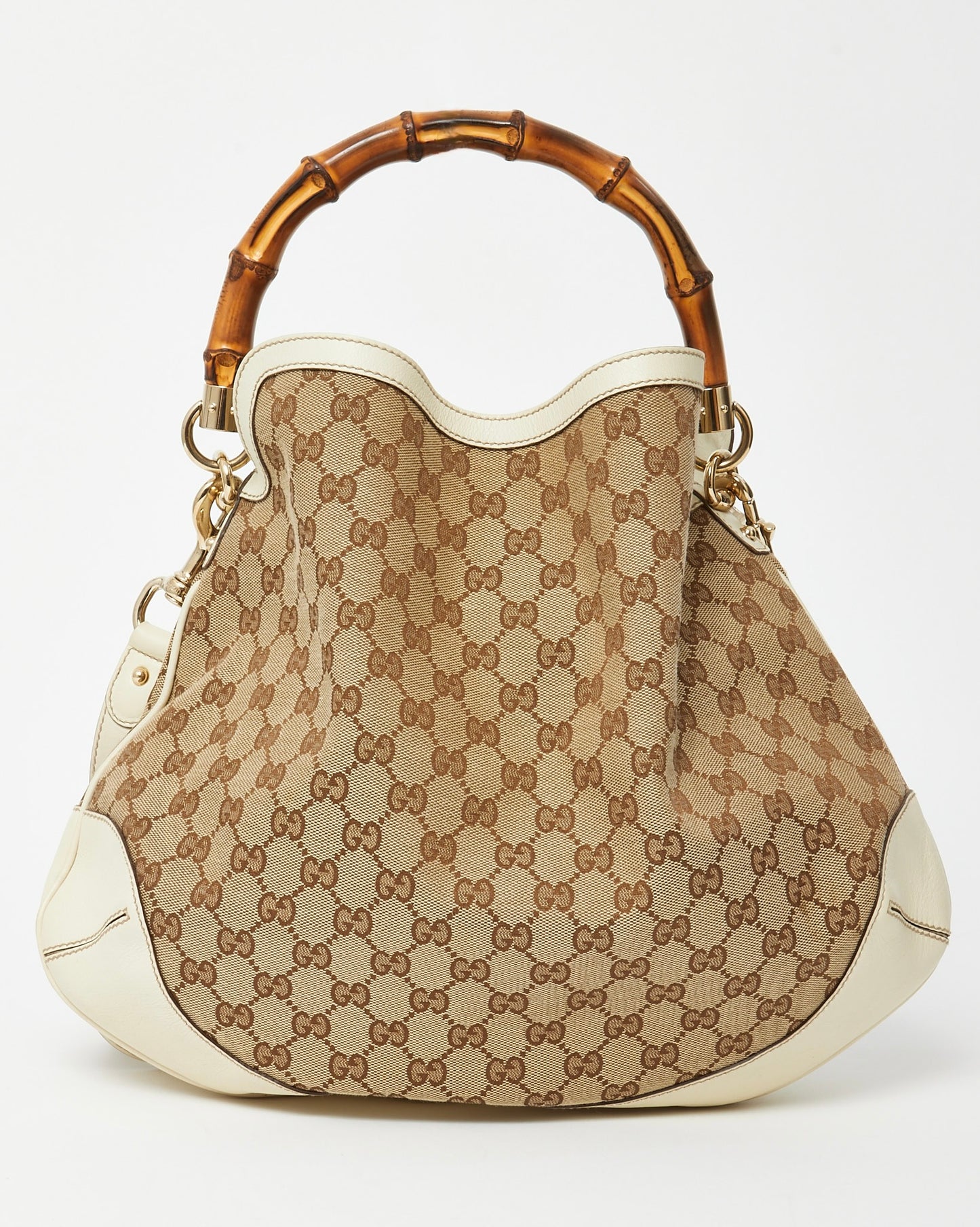 Gucci White Leather and Beige/Ebony GG Canvas Bamboo Peggy 2Way Shoulder Bag
