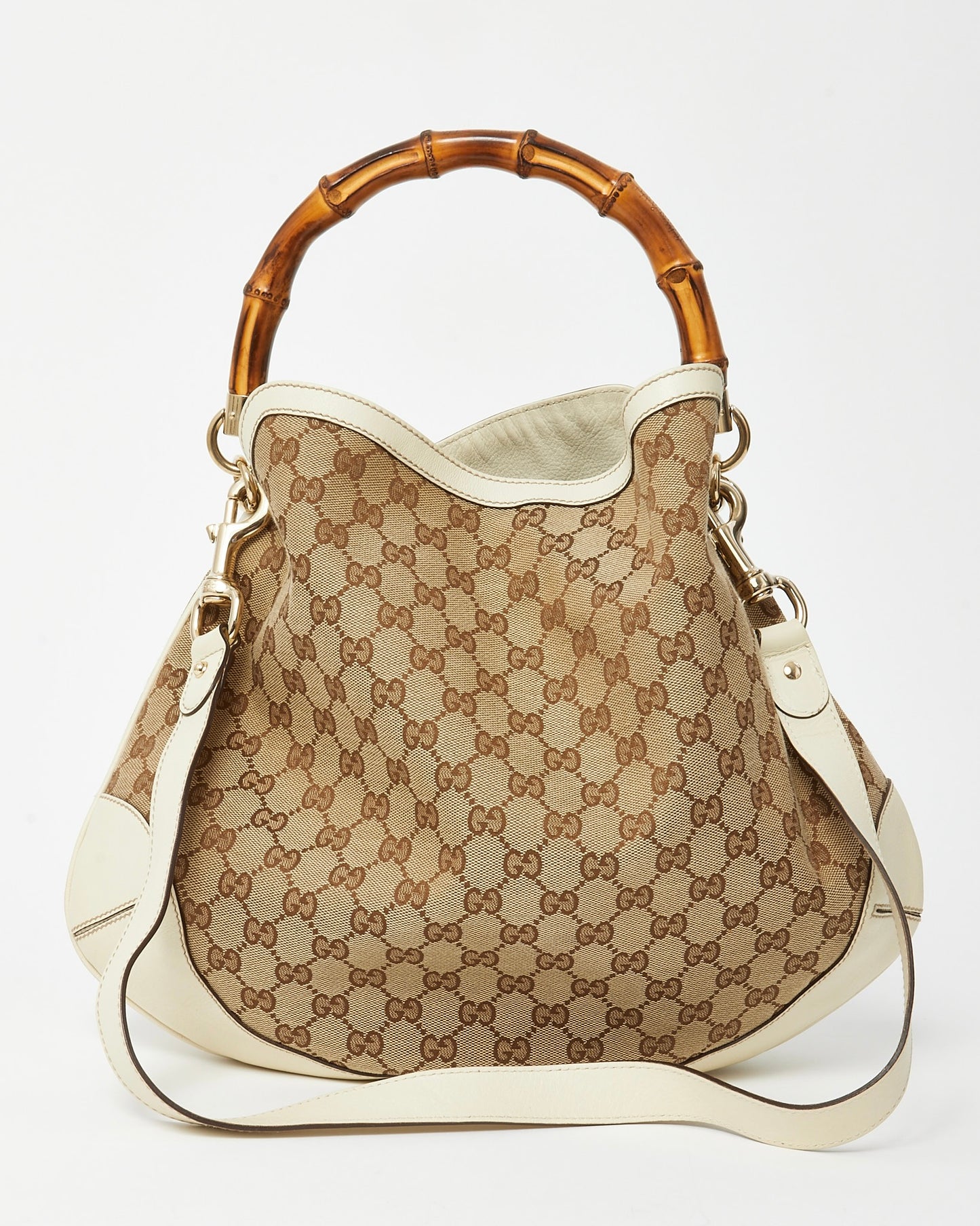 Gucci White Leather and Beige/Ebony GG Canvas Bamboo Peggy 2Way Shoulder Bag