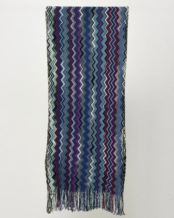 Missoni Blue/Purple/Black/White Multi Wool Knit Zigzag Fringe Scarf