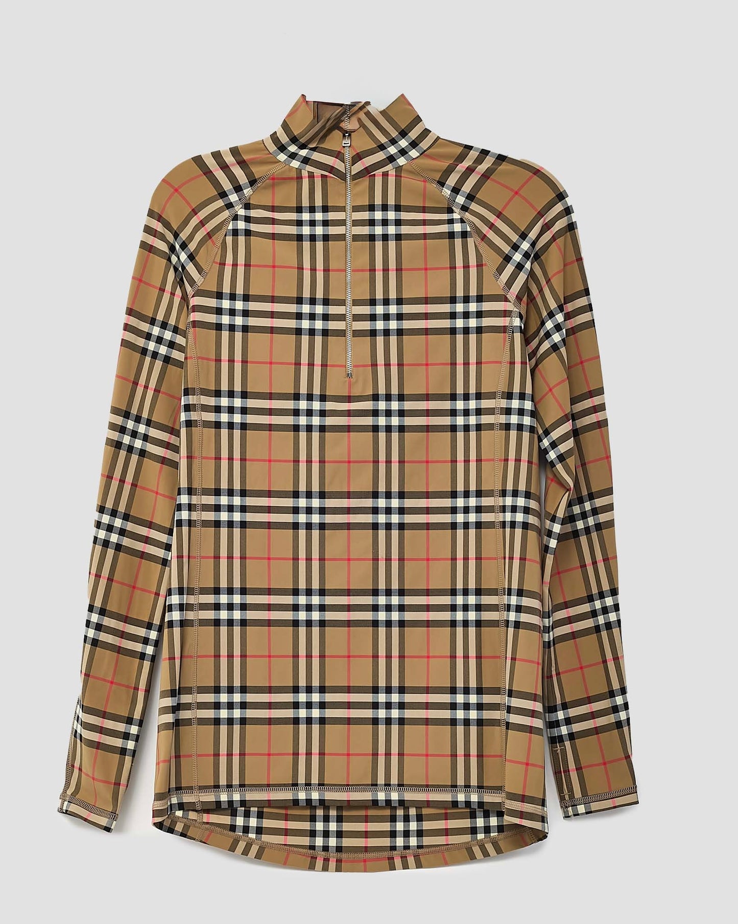 Burberry Beige Heritage Check Nylon Blend Mock Neck 1/4 Zip Long Sleeve - L