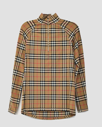Burberry Beige Heritage Check Nylon Blend Mock Neck 1/4 Zip Long Sleeve - L