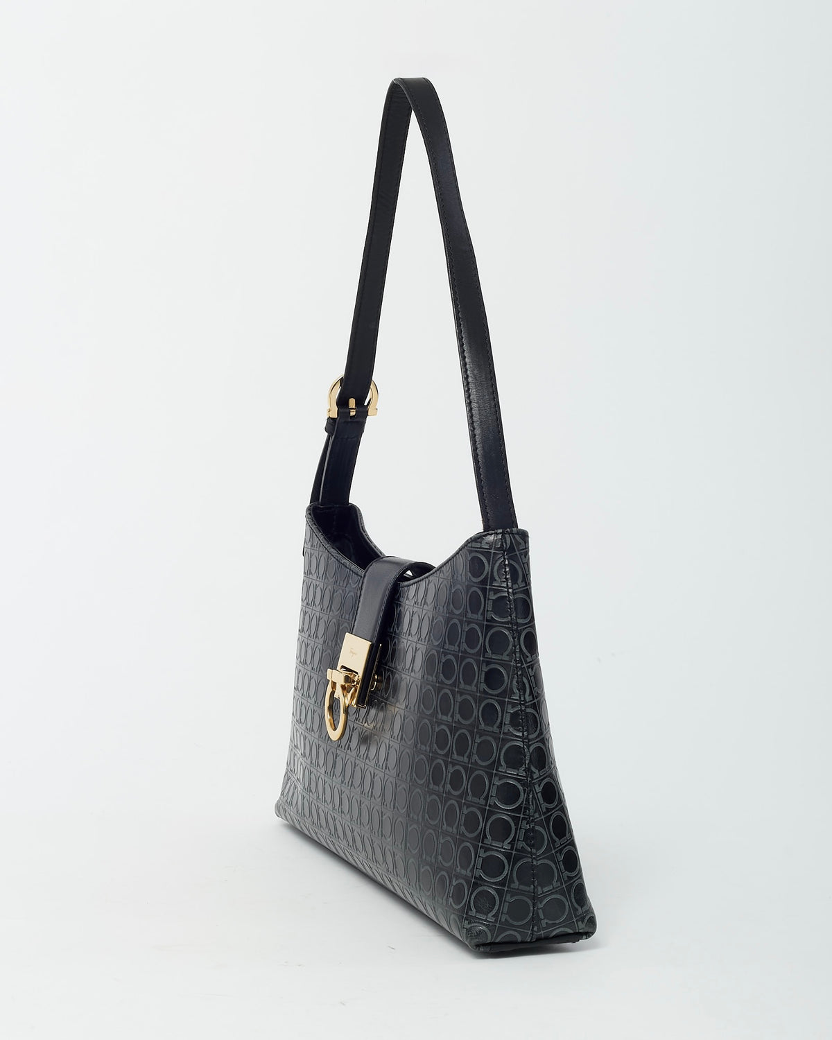 Salvatore Ferragamo Black Gancini Embossed Leather Shoulder Bag
