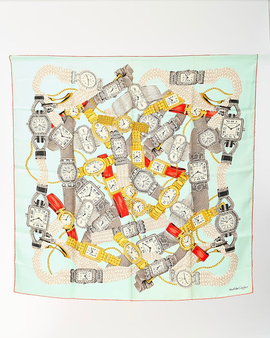 Cartier "Le must de Cartier" Blue Precious Watches Printed 90cm Silk Scarf