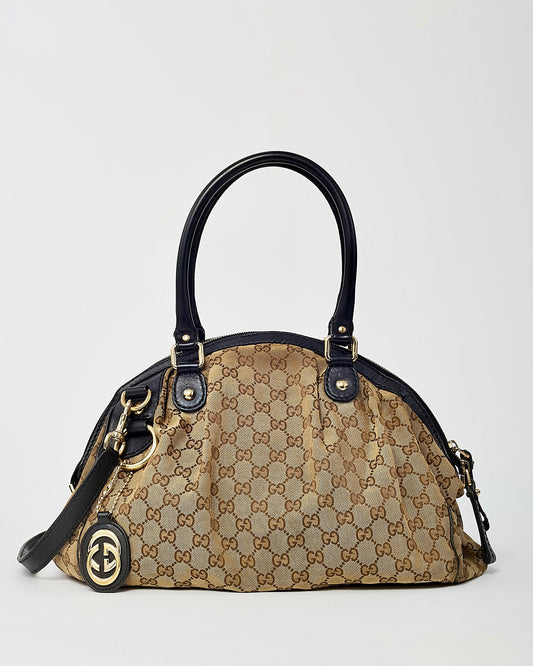 Gucci Black Leather and Beige/Brown GG Monogram Canvas Medium Sukey 2Way Shoulder Bag