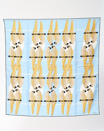 Cartier Light Blue Gold Diamond Studded Parrots Printed Silk Scarf