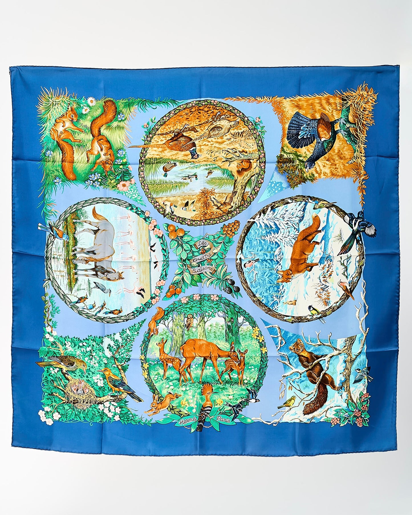 Hermès Blue/Green/Brown Multi "Les Quatre Saisons" Animal Silk Printed 90cm Scarf