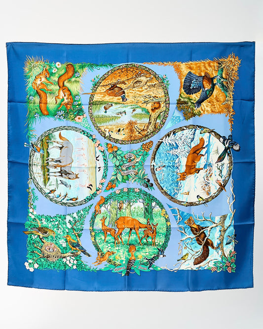 Hermès Blue/Green/Brown Multi "Les Quatre Saisons" Animal Silk Printed 90cm Scarf