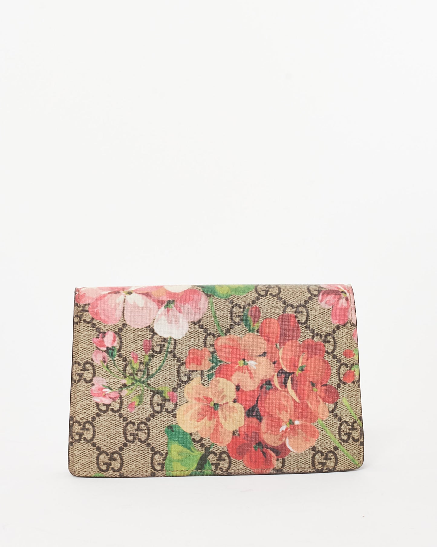 Pre-owned Gucci Dionysus mini bag featuring the GG Supreme canvas with a multicolor Blooms floral print, a silver-tone textured tiger head closure, a suede trim, and a structured silhouette, back view