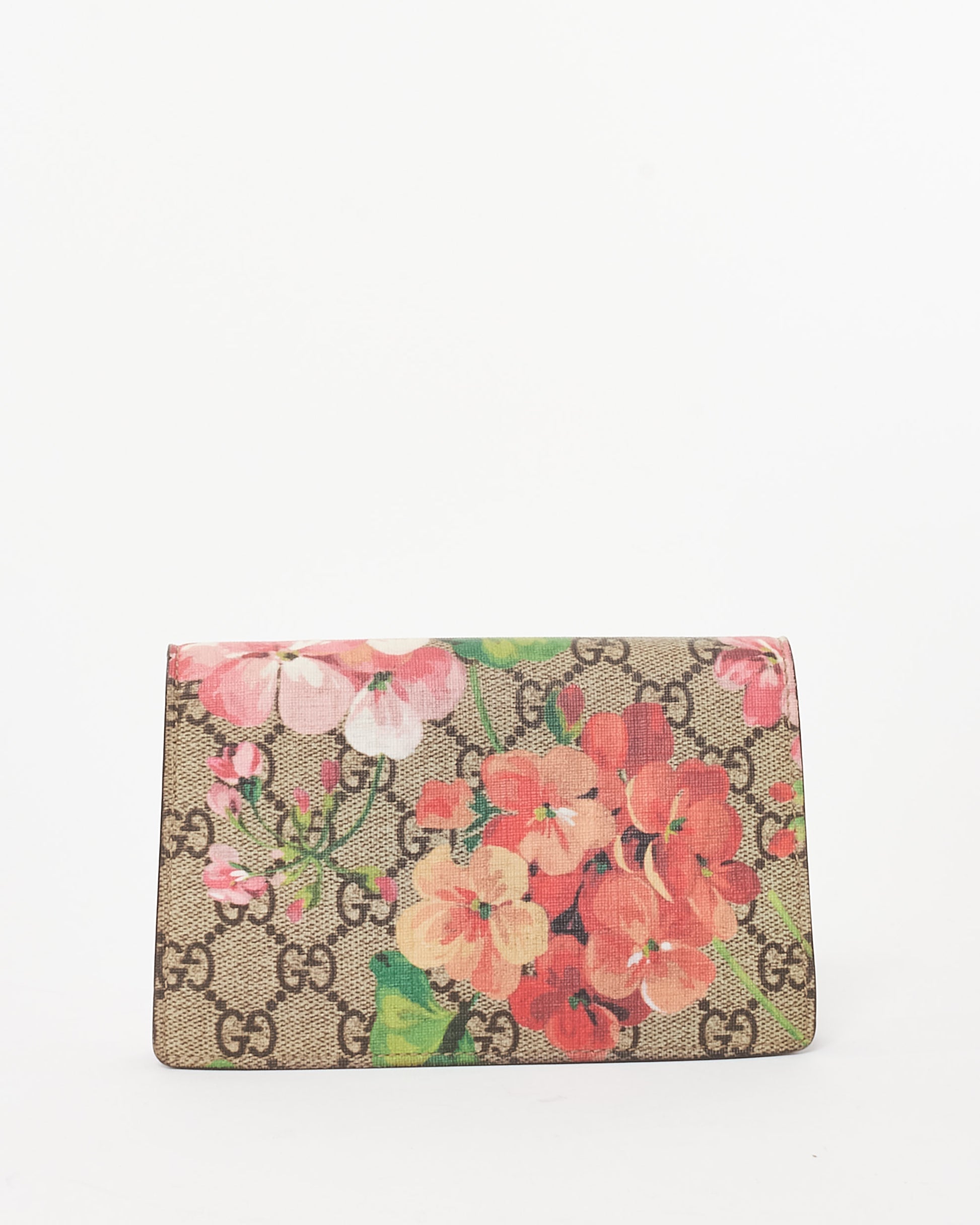 Pre-owned Gucci Dionysus mini bag featuring the GG Supreme canvas with a multicolor Blooms floral print, a silver-tone textured tiger head closure, a suede trim, and a structured silhouette, back view