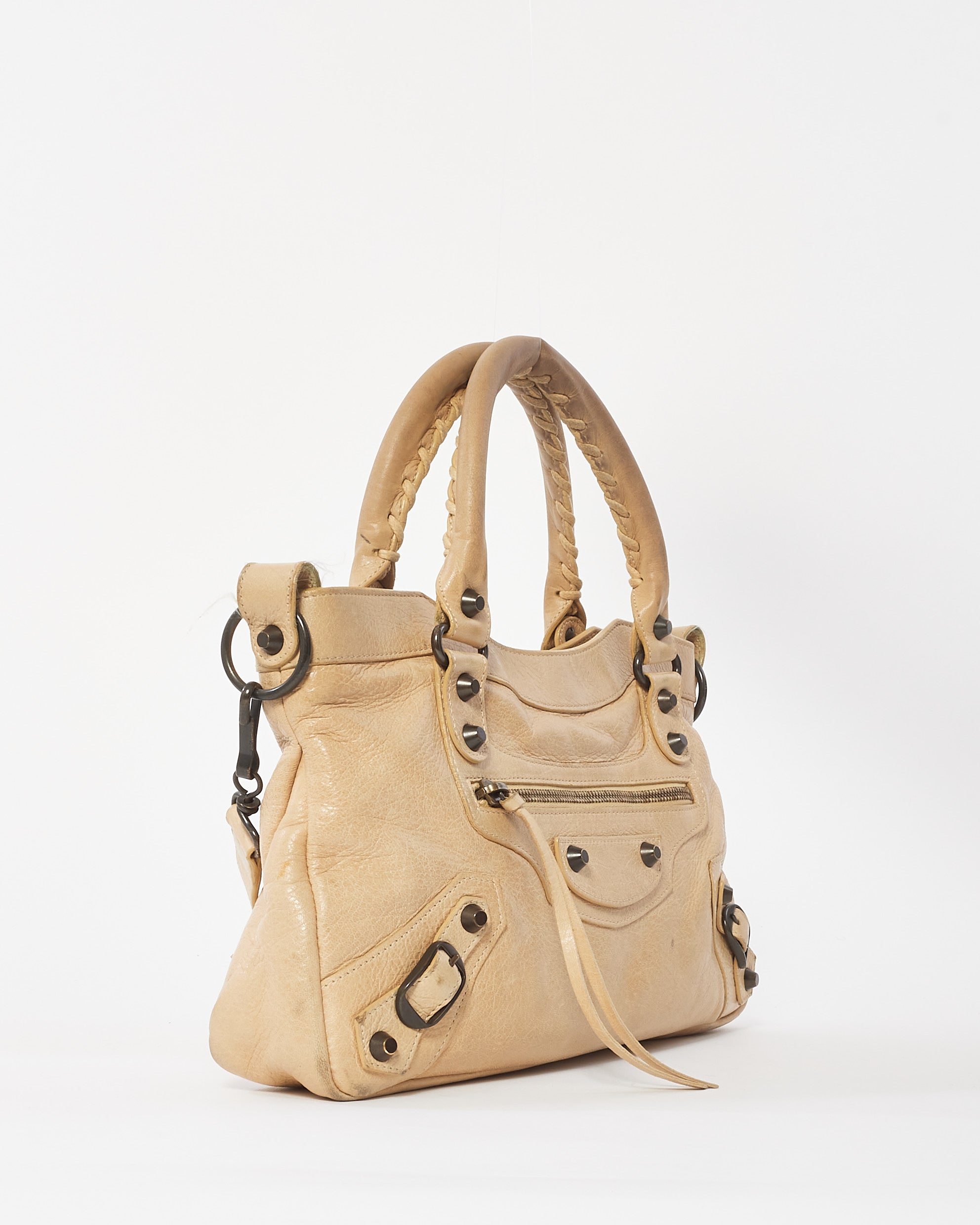 Buy Balenciaga Beige Leather Gunmetal Stud Classic First 2Way Bag