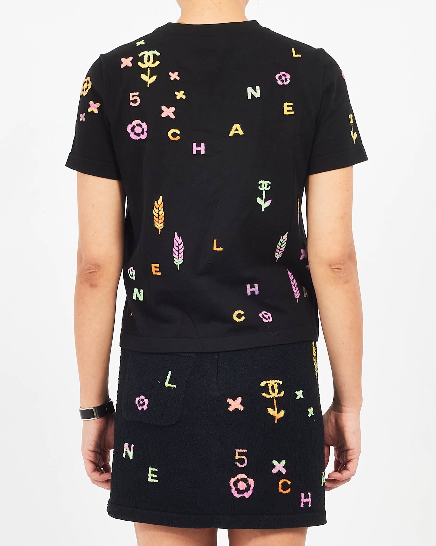 Chanel Black Multi Color Logo Knit T-Shirt - 38