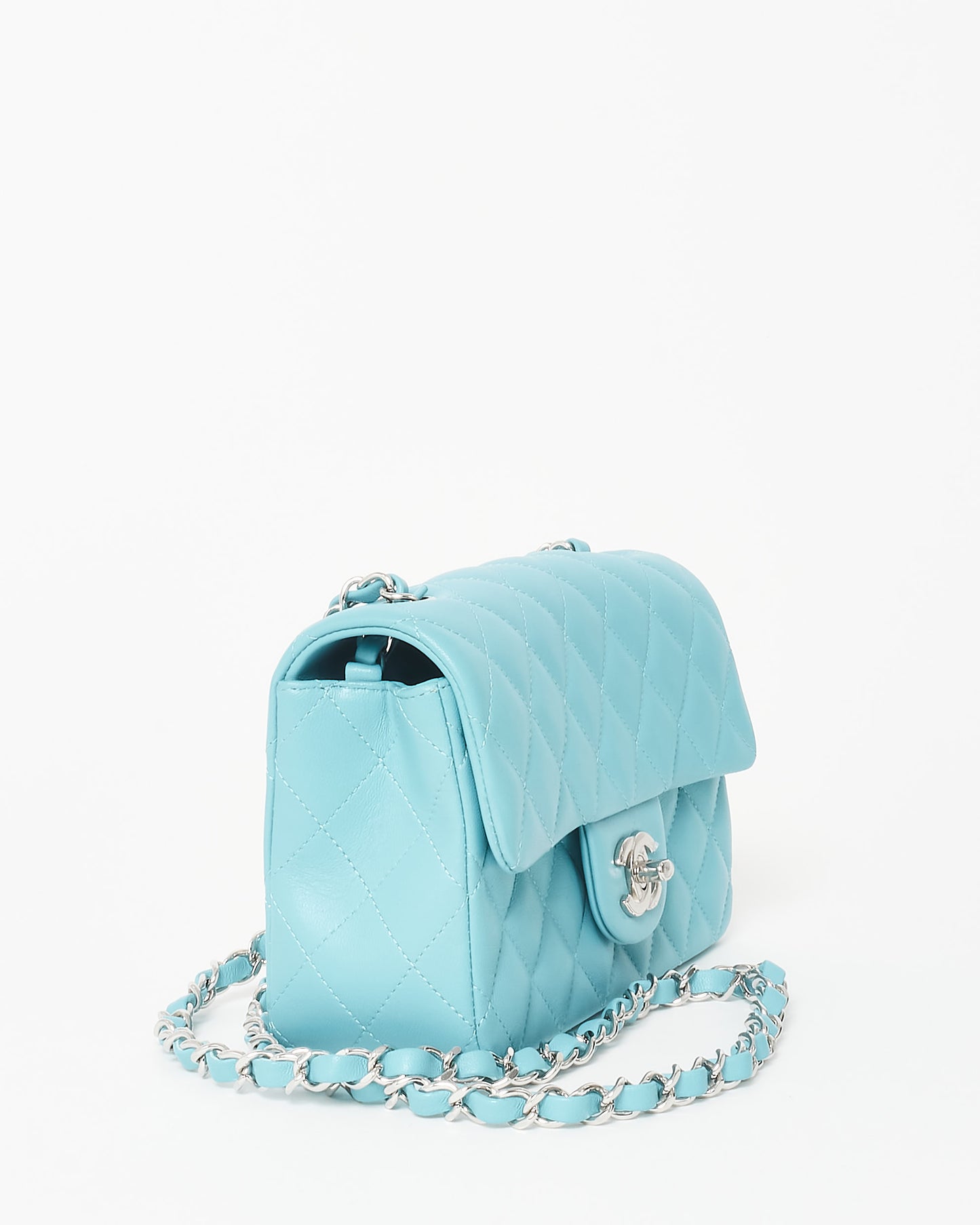 Chanel Light Blue/ Turquoise Lambskin Leather SHW Mini Rectangular Single Classic Flap