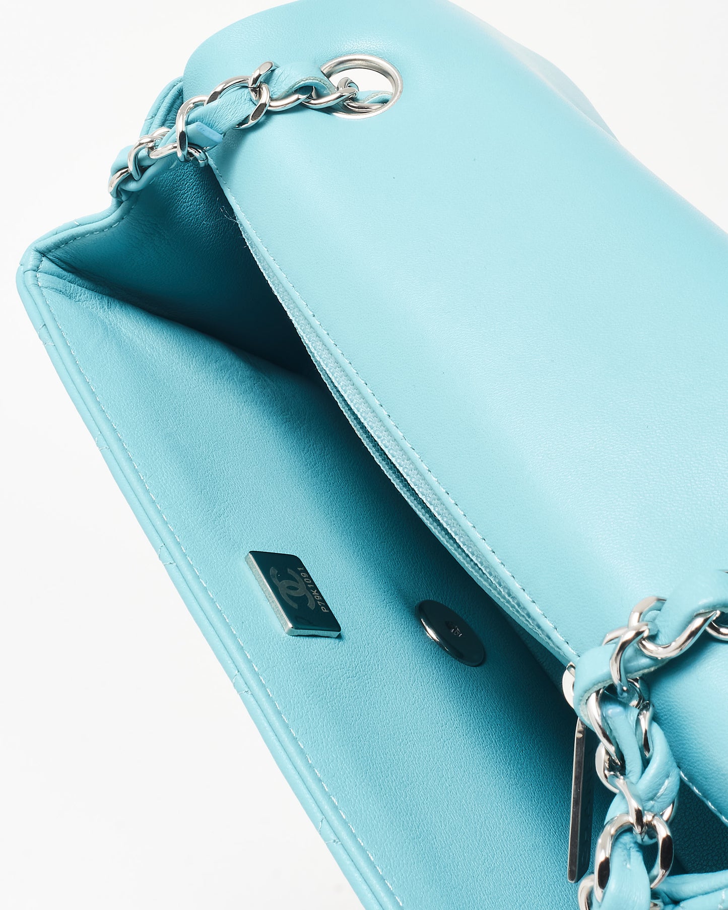 Chanel Light Blue/ Turquoise Lambskin Leather SHW Mini Rectangular Single Classic Flap