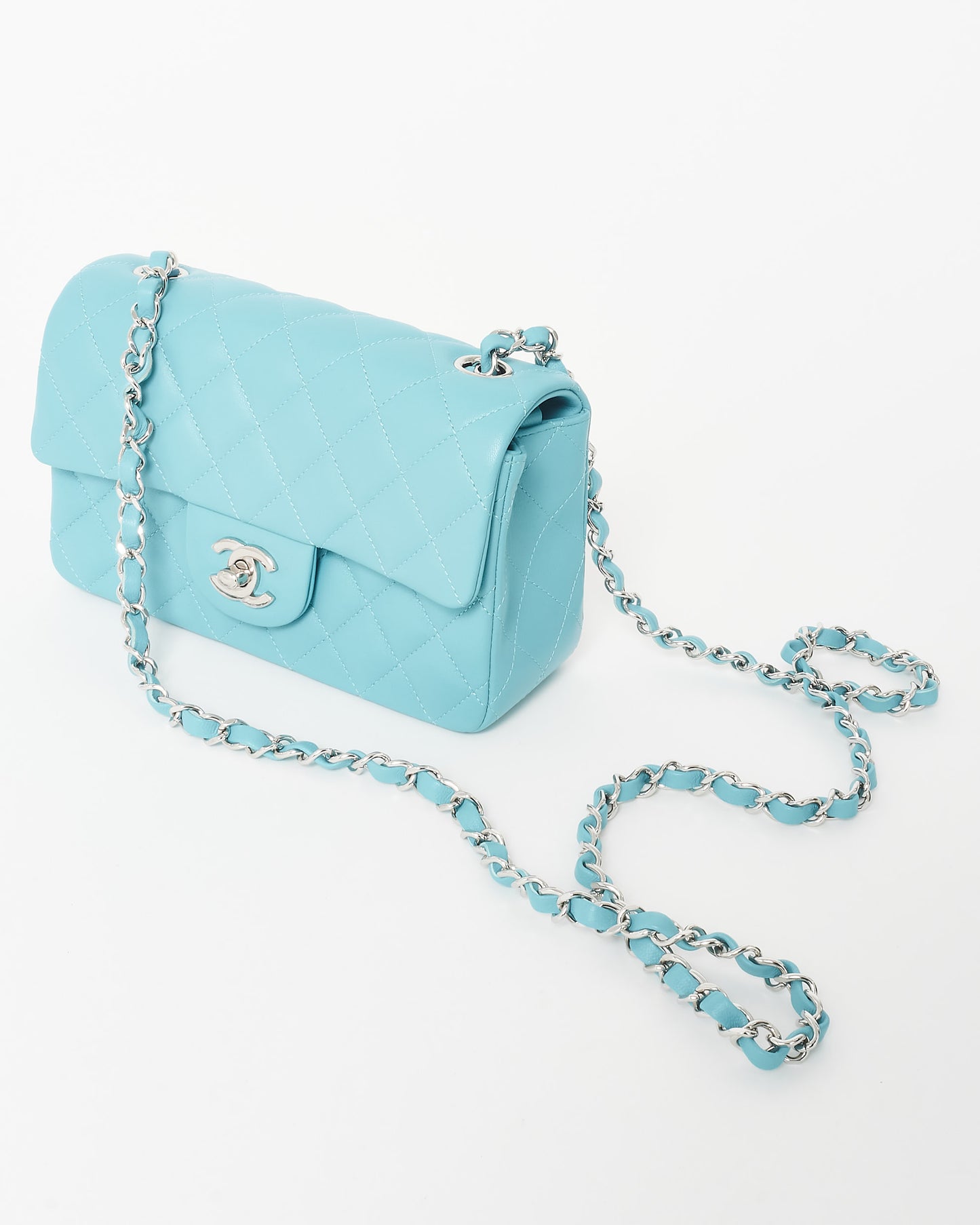 Chanel Light Blue/ Turquoise Lambskin Leather SHW Mini Rectangular Single Classic Flap