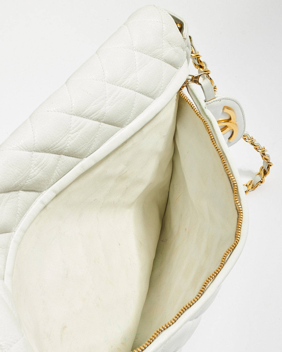 Chanel Vintage White Quilted Leather Large Flap Logo Messenger Bag