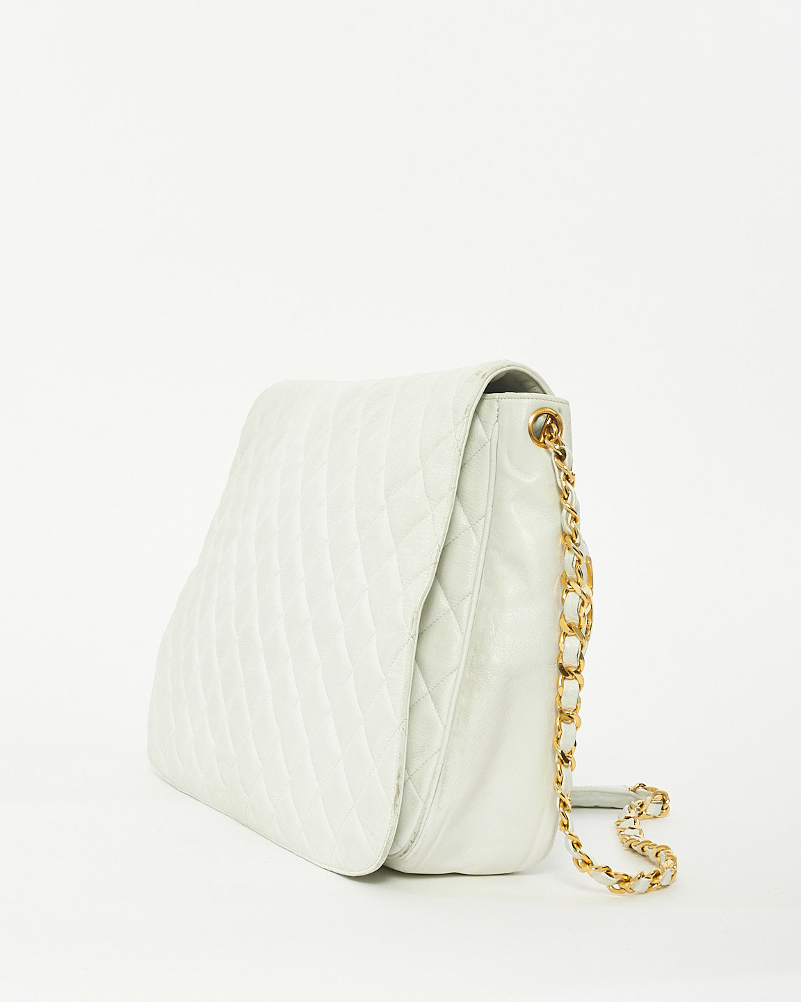 Chanel Vintage White Quilted Leather Large Flap Logo Messenger Bag