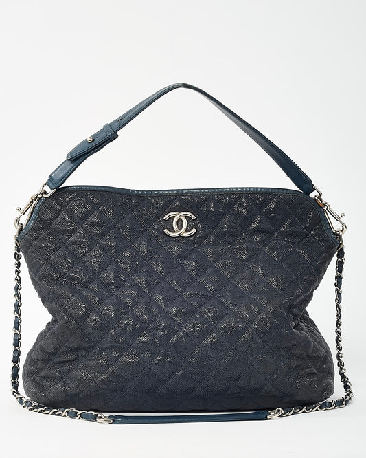 Chanel Navy Quilted Caviar Leather French Riviera 2Way Hobo Shoulder Bag