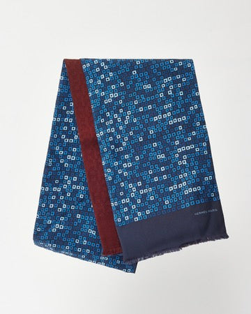 Hermès Navy Geometric Pattern Silk / Burgundy Cashmere Double Face Scarf