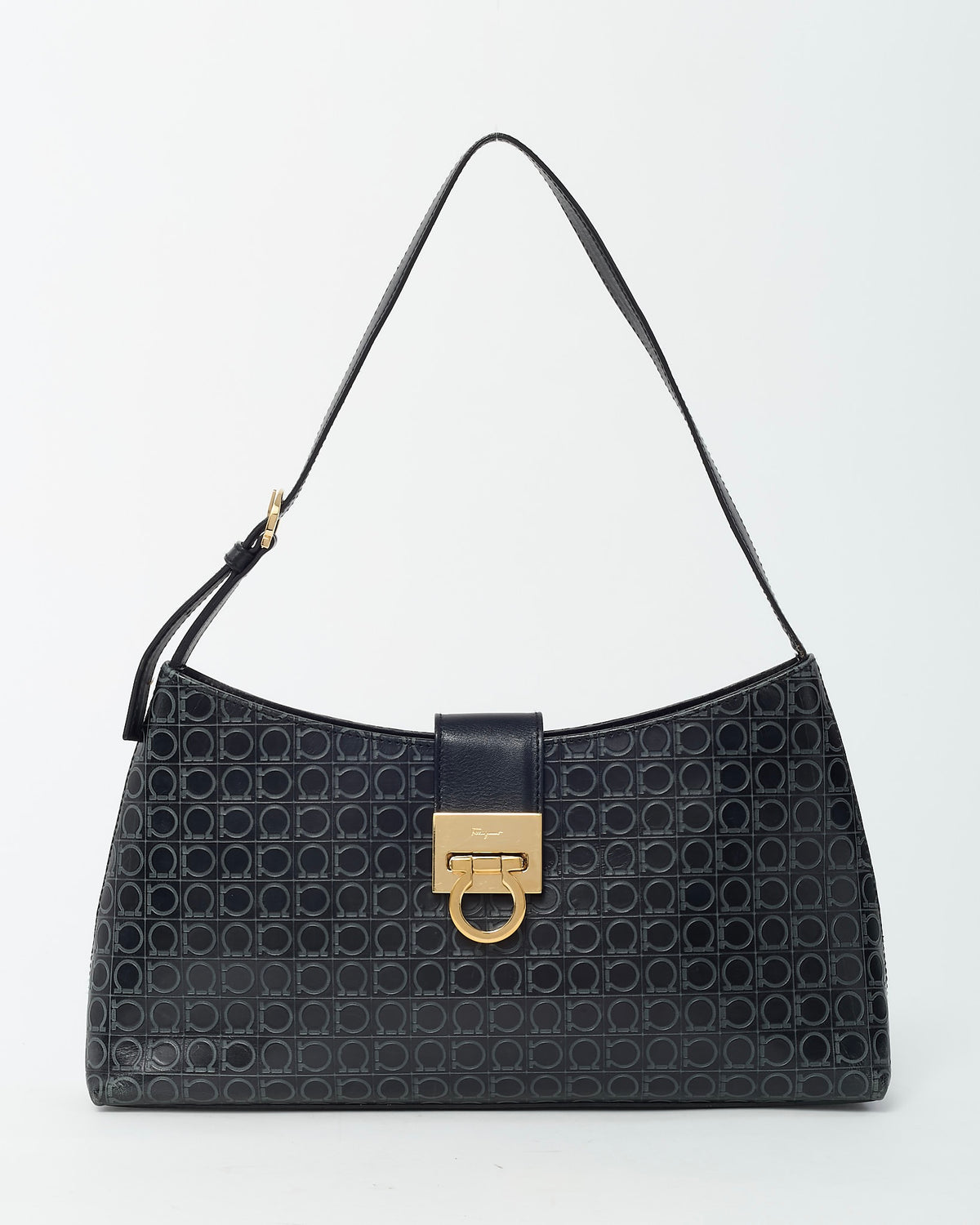 Salvatore Ferragamo Black Gancini Embossed Leather Shoulder Bag