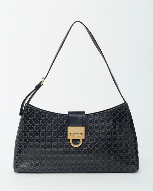Salvatore Ferragamo Black Gancini Embossed Leather Shoulder Bag