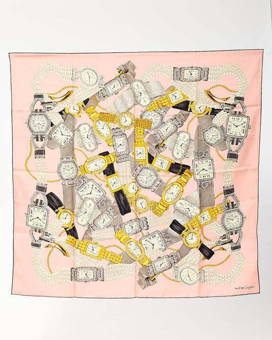 Cartier "Le must de Cartier" Salmon Pink Precious Watches Printed 90cm Silk Scarf