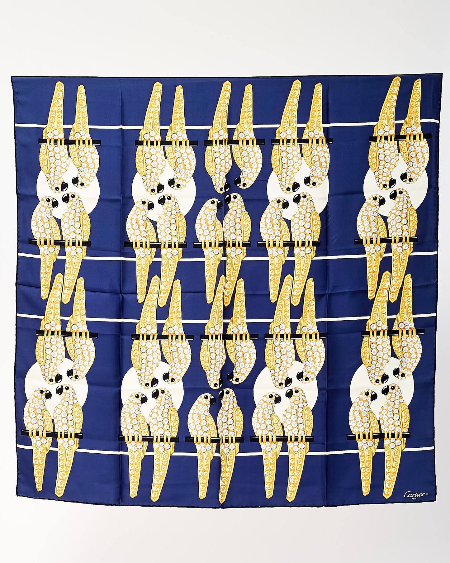 Cartier Blue and Gold Diamond Studded Parrots Printed Silk Scarf