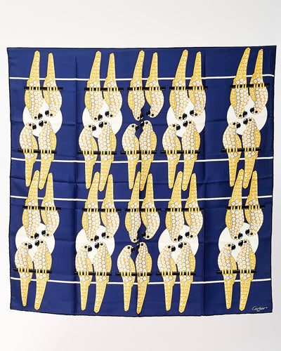 Cartier Blue and Gold Diamond Studded Parrots Printed Silk Scarf