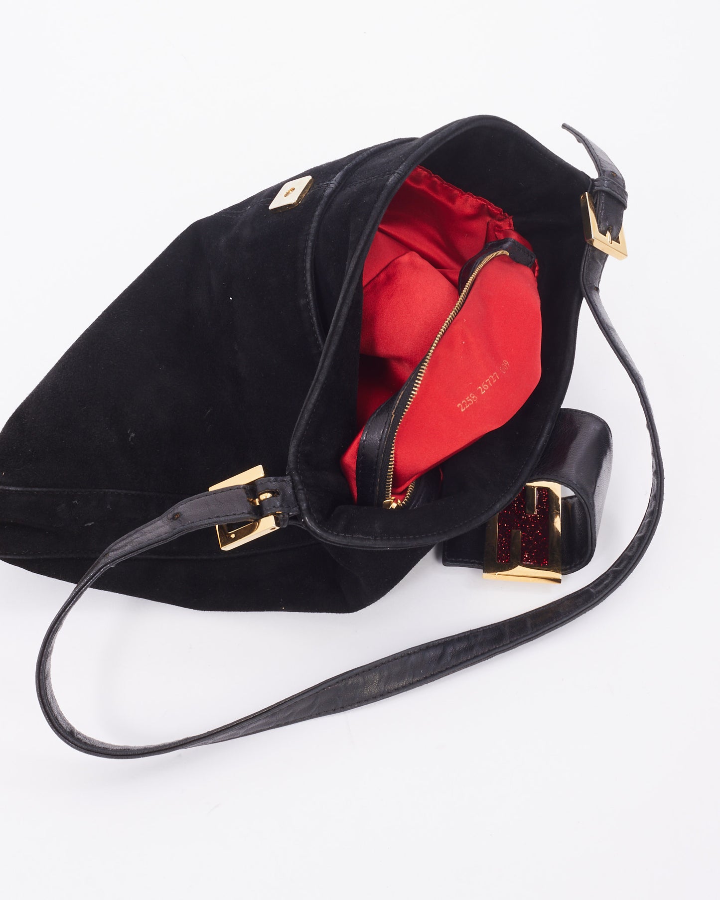 Fendi Black Suede Red Glitter Logo Mamma Shoulder Bag
