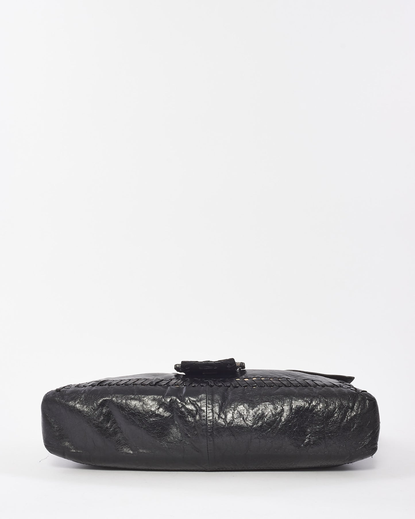 Fendi Vintage Black Leather Whipstitch Large Baguette Crossbody Bag