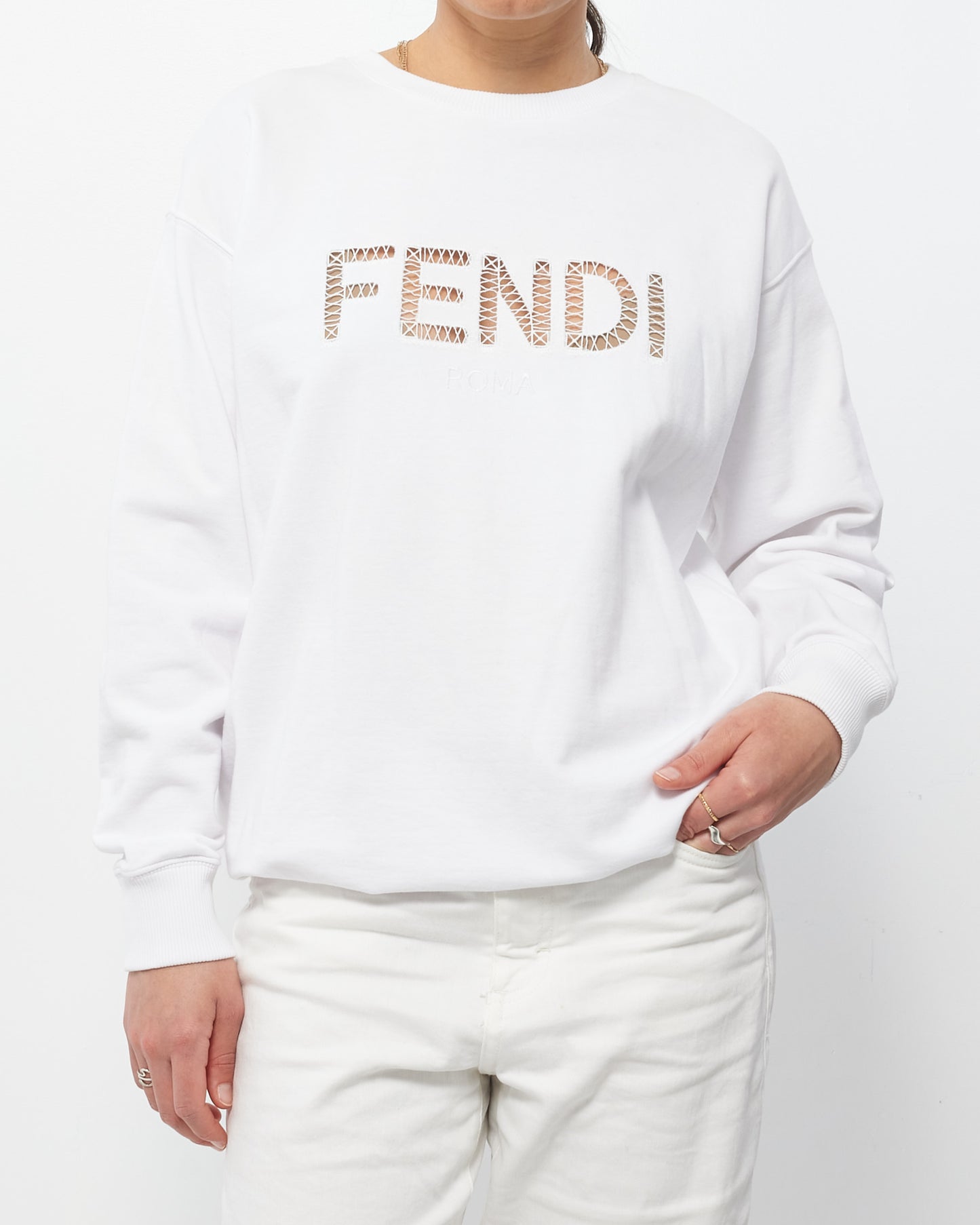 Fendi White Lace Logo Crewneck Sweatshirt - S
