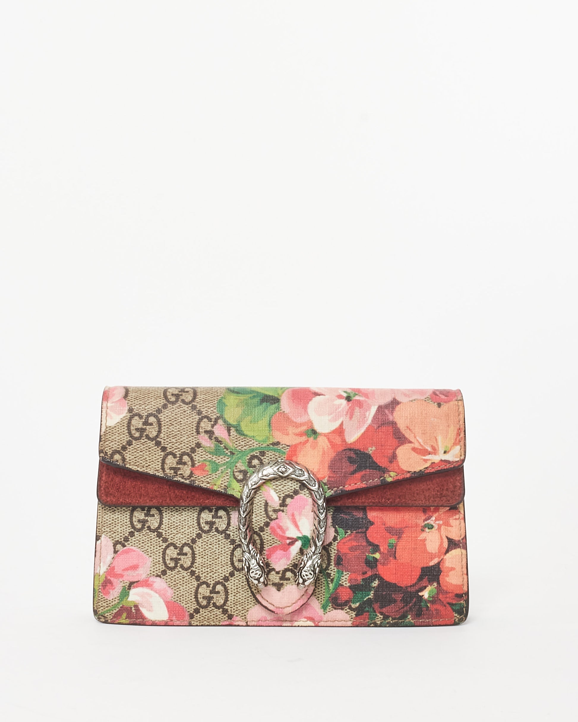 Pre-owned Gucci Dionysus mini bag featuring the GG Supreme canvas with a multicolor Blooms floral print, a silver-tone textured tiger head closure, a suede trim, and a structured silhouette front view