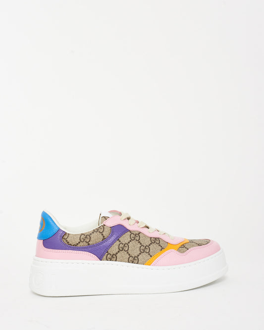 Gucci Beige Monogram Supreme Canvas & Multicolor Leather Trim GG Sneaker - 40.5