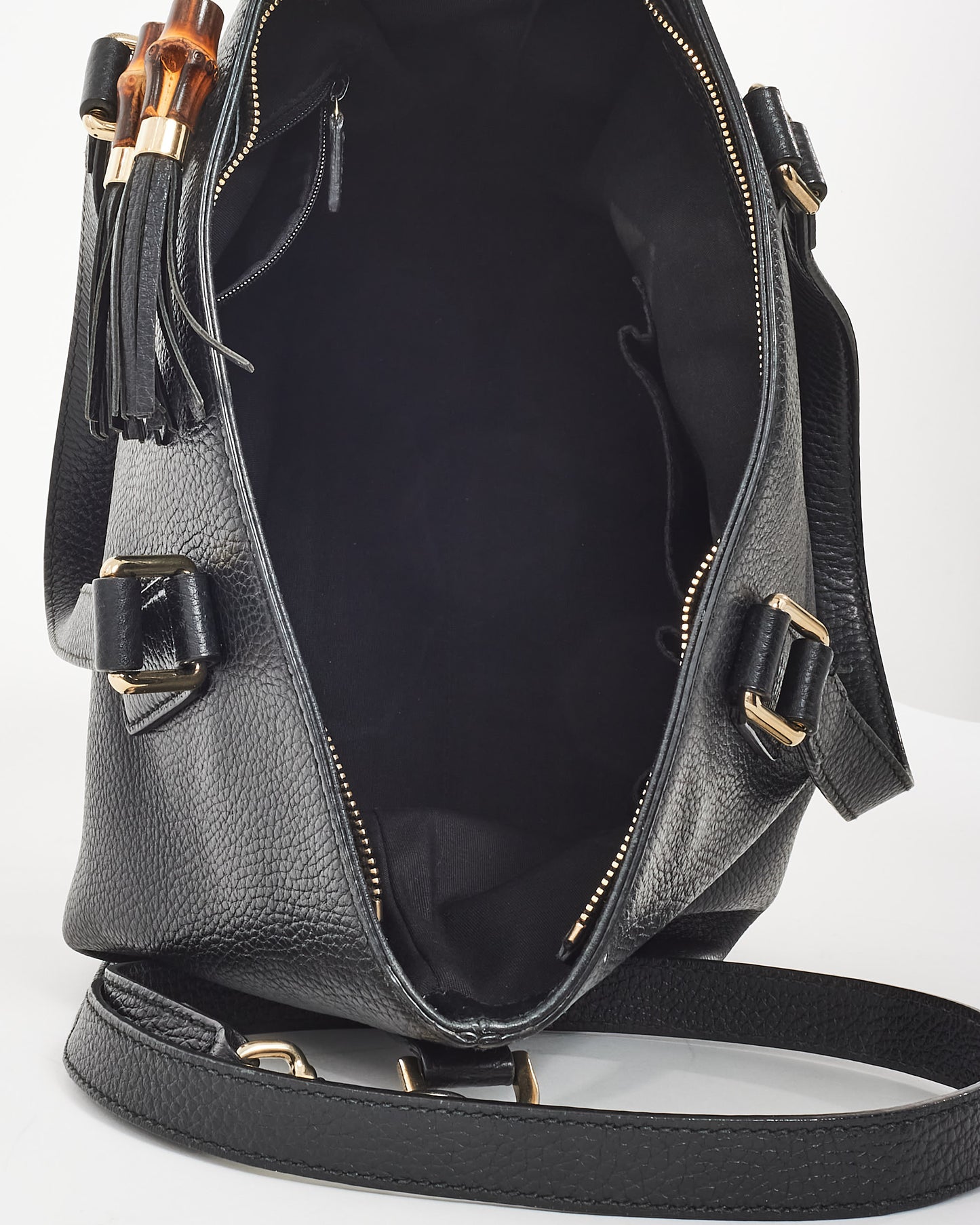 Gucci Black Grained Leather & Bamboo Tassel Shoulder Bag