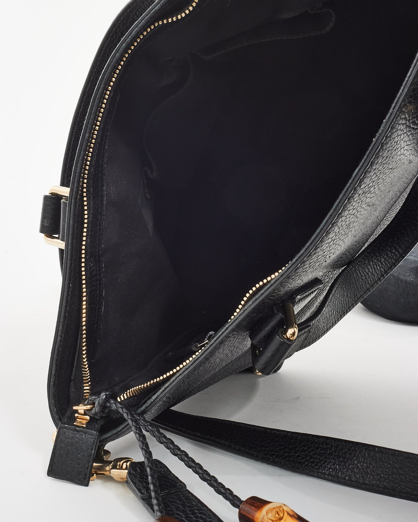 Gucci Black Grained Leather & Bamboo Tassel Shoulder Bag