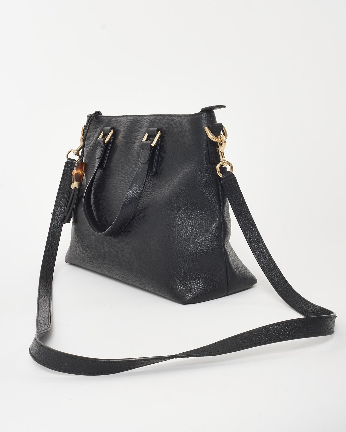 Gucci Black Grained Leather & Bamboo Tassel Shoulder Bag