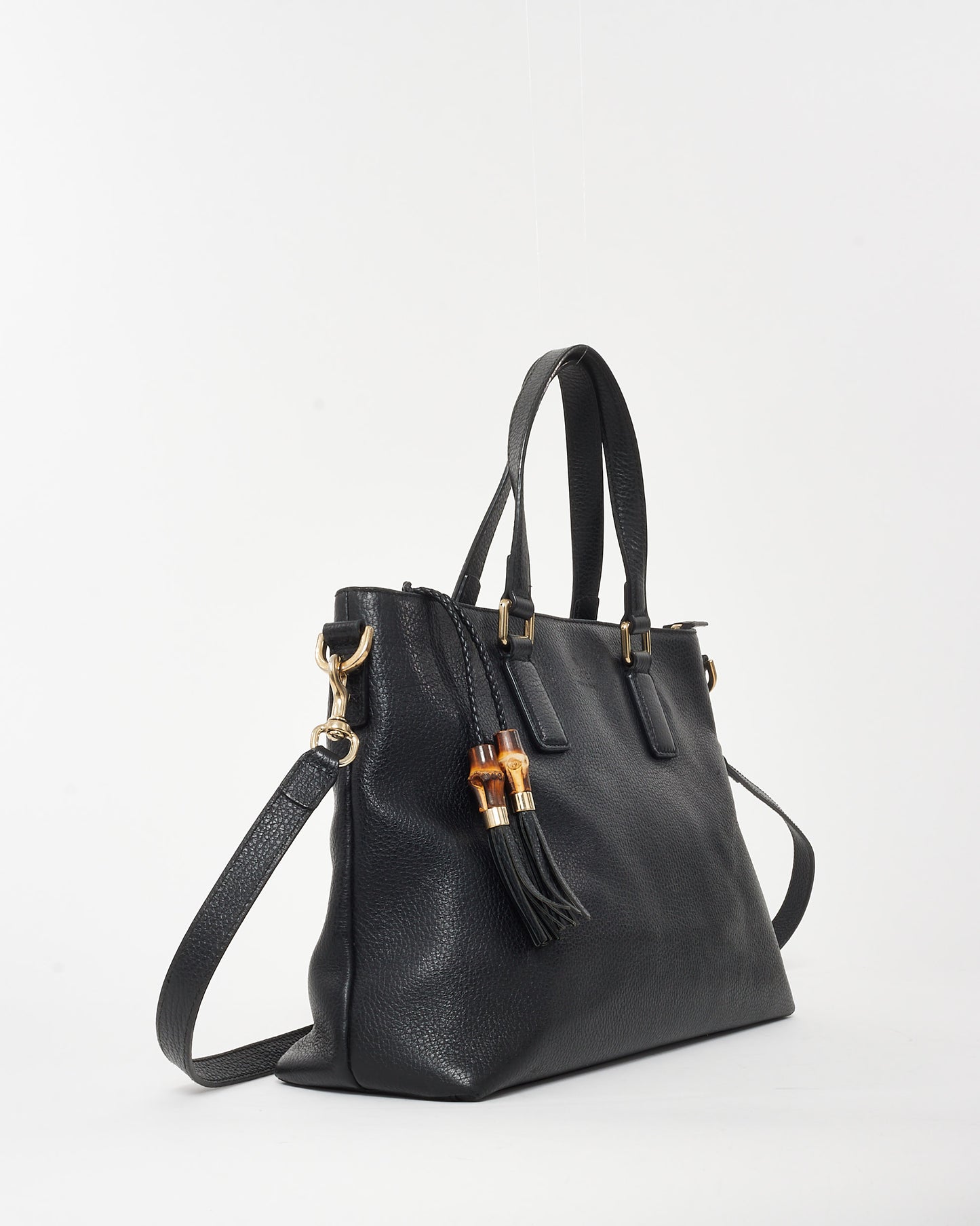 Gucci Black Grained Leather & Bamboo Tassel Shoulder Bag