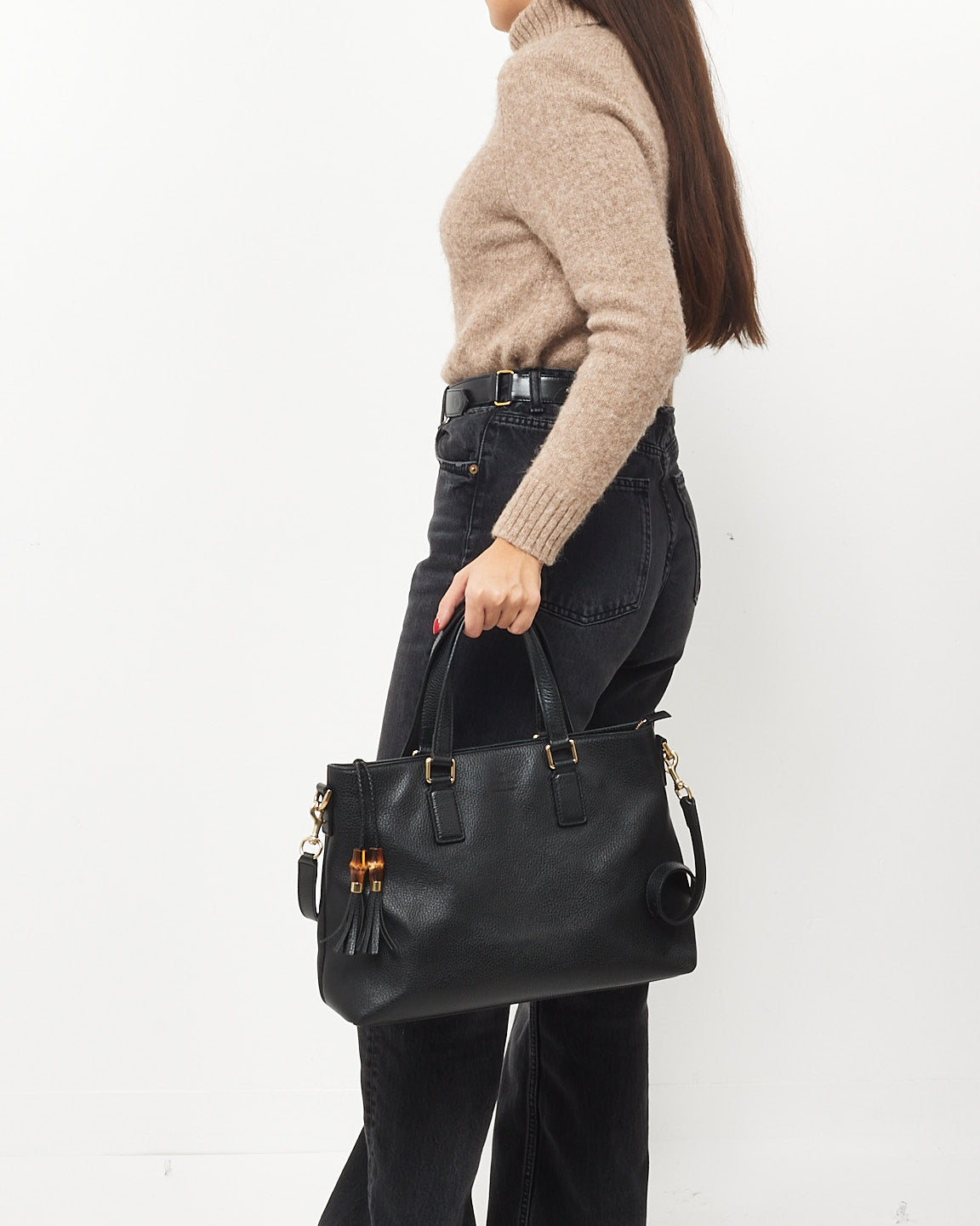 Gucci Black Grained Leather & Bamboo Tassel Shoulder Bag