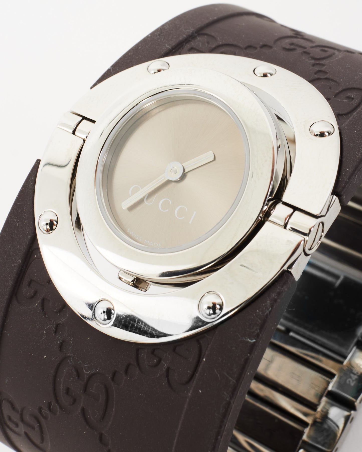 Gucci Brown Rubber Monogram & Sterling Silver Watch